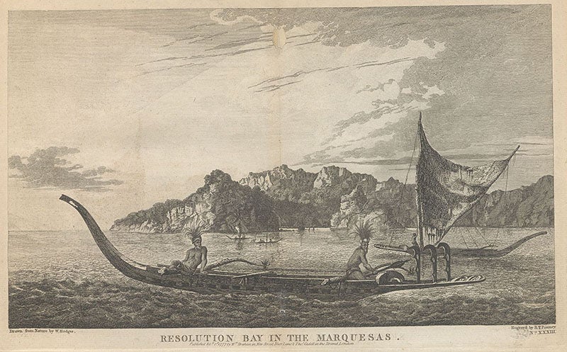 Native canoes in Resolution Bay in the Marquesas, engraving after painting by William Hodges, in A Voyage towards the South Pole and Round the World, by James Cook, 4th ed., 1784 (Linda Hall Library)