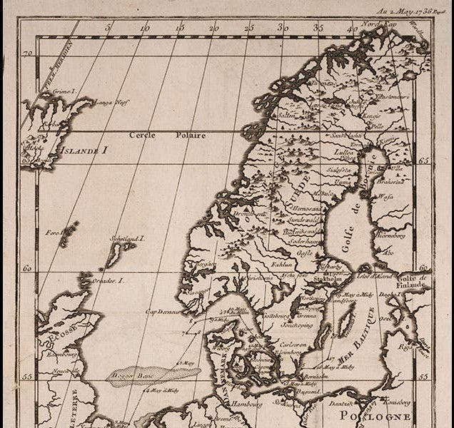 Map of Scandinavia, with the Gulf of Boothia jutting up into Lapland, where Maupertuis’ expedition made their measurements, engraving in Journal d'un voyage au nord, en 1736. & 1737, by Abbé Reginald Outhier, 1744 (The Linda Hall)