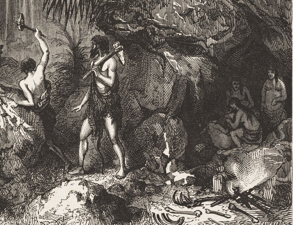 Detail of early humans, by Riou. Image source: Figuier, Louis. La terre avant le deluge. 5th ed. Paris: Libraire de L. Hachette, 1866, p. 427.