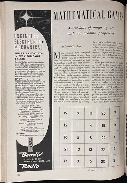 “A new kind of magic square with remarkable properties,” the very first Mathematical Games column by Martin Gardner for Scientific American, January 1957, p. 138 (Linda Hall Library)