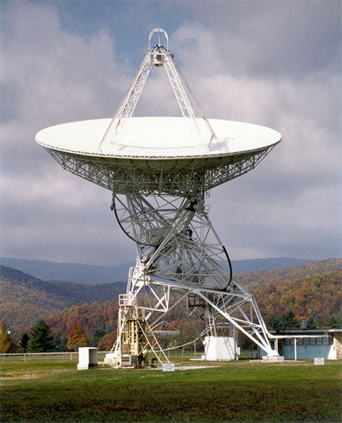 A radio telescope, the first one at Green Bank, West Virginia, used by Frank Drake for Project Ozma, the first SETI search, in 1958, recent photograph (greenbankobservatory.org)