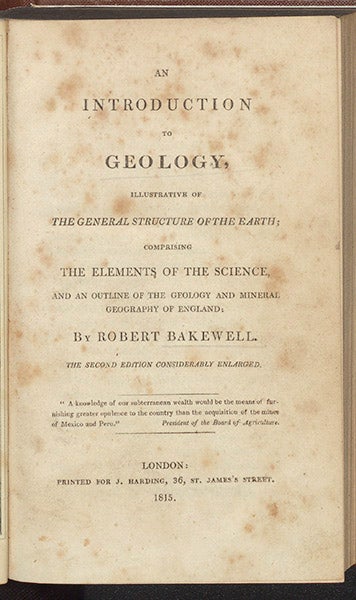 Title page to second edition of Robert Bakewell, An Introduction to Geology, 1815 (Linda Hall Library)