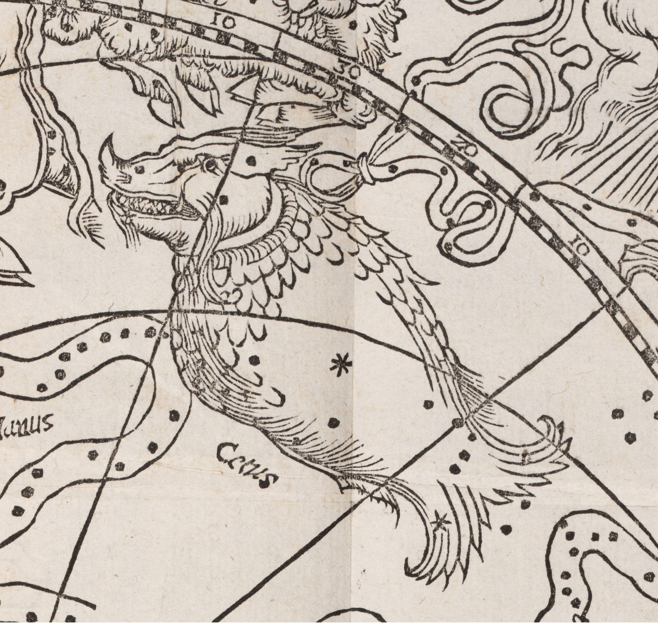 Cetus, from a detail of the southern map. Image source: Aratus Solensis. [Greek] Aratou Soleôs Phainomena kai diosêmeia. Paris, 1559.
