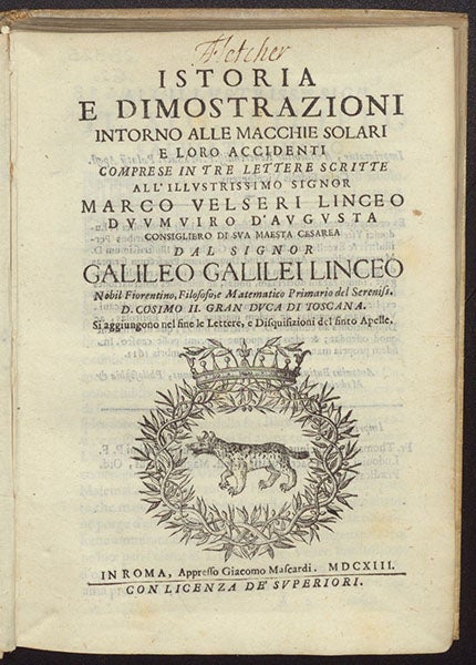 Title page, Istoria e dimostrazioni intorno alle macchie solari, by Galileo Galilei, 1613 (Linda Hall Library)
