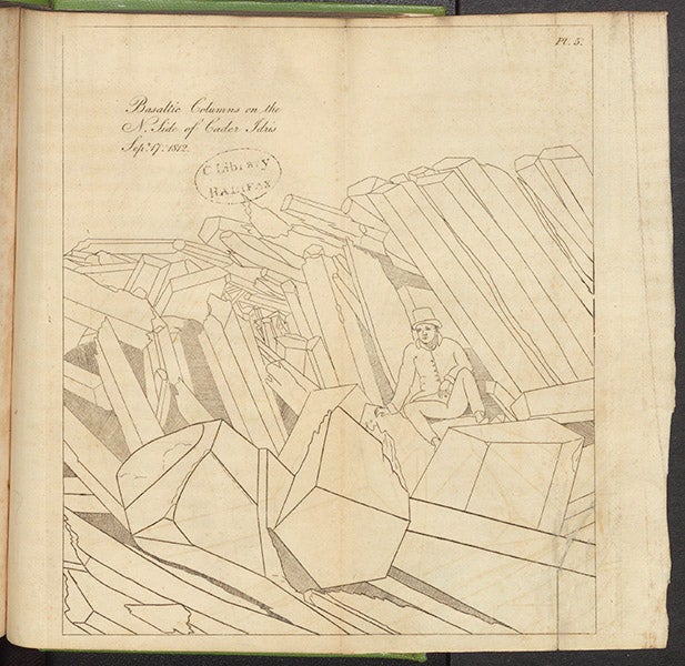 Basaltic columns with geologist, Cader Idris, northwest Wales, engraving, Robert Bakewell, An Introduction to Geology, first ed., 1813 (Linda Hall Library)