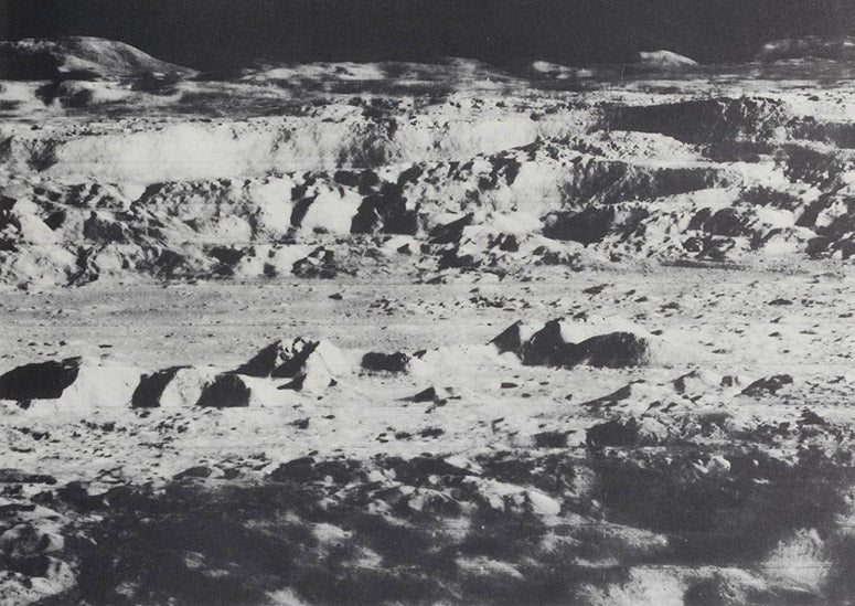 An oblique view of the crater Copernicus, photograph by Lunar Orbiter 2, from The Moon as Viewed by Lunar Orbiter, by L.J. Kosofsky and Farouk El-Baz, NASA SP-200, 1970 (Linda Hall Library)