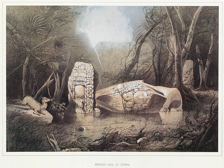 Broken idol at Copán, lithograph by H. Warren after watercolor by Frederick Catherwood, Views of Ancient Monuments in Central America, Chiapas and Yucatan, plate 4, facsimile of 1844 ed., 1984 (Linda Hall Library)