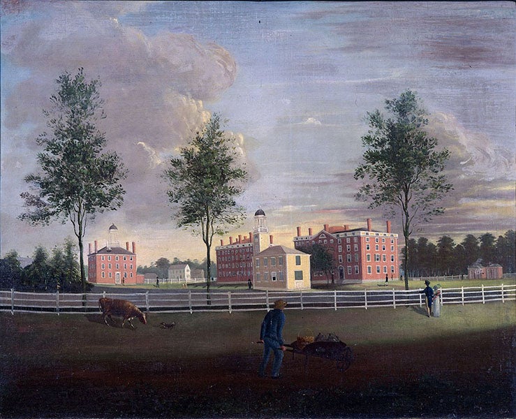 Bowdoin College, Brunswick, Maine, painting by John G. Brown, ca 1822, Bowdoin College Museum of Art (Wikimedia commons)