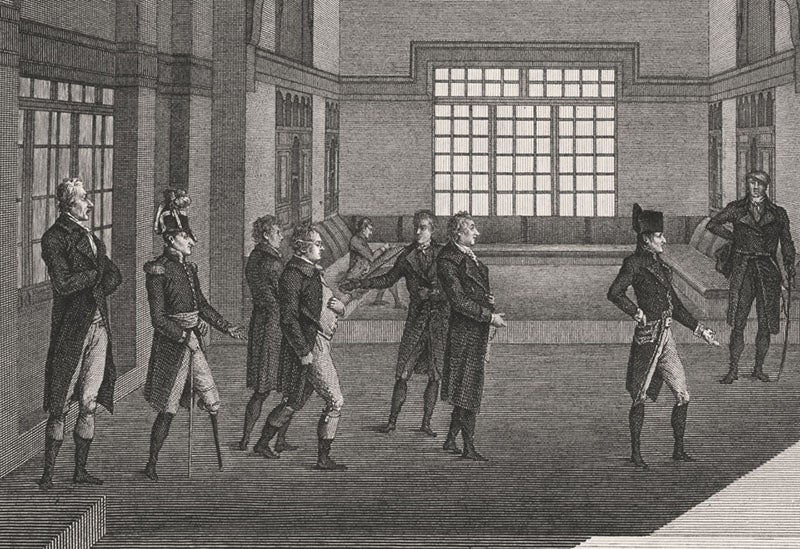 Napoleon and some of his savants at the first meeting of the Institute of Egypt, Aug. 23, 1798, detail of first image, Description de l’Égypte.  État modern.  Planches, vol. 1, pl. 55, 1809-1828 (Linda Hall Library)