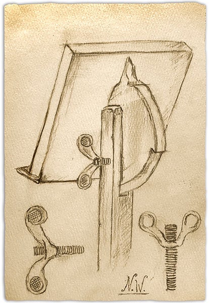 Design for a book stand with a flanged adjusting nut, designed by Nicholas Wing; Wing papers, Whistling Pig Pub and Archives, Kensington, London (whistpig.edu)