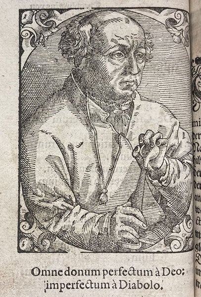 Portrait of Theophrastus von Hohenheim (Paracelsus), woodcut frontispiece, De natvra rervm, by Phillip Theophrastus von Hohenheim, called Paracelsus, 1584 (Linda Hall Library)