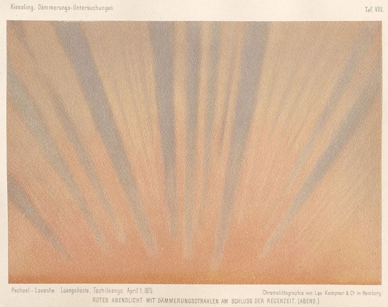 Detail of image just above, showing pebble texture of paper and grain of lithograph stone, chromolithograph after painting by Eduard Pechuel-Loesche, in Untersuchungen über Dämmerungserscheinungen zur Erklärung der nach dem Krakatau, by Johann Kiessling, plate 8, 1888 (Linda Hall Library).