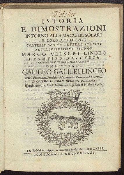 Title page, Istoria e dimostrazioni intorno alle macchie solari, by Galileo Galilei, 1613 (Linda Hall Library)