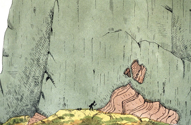 Hutton’s section, perhaps including James Hutton, hand-colored engraving, Robert James Hay Cunningham, Essay on the Geology of the Lothians, 1838 (Linda Hall Library)