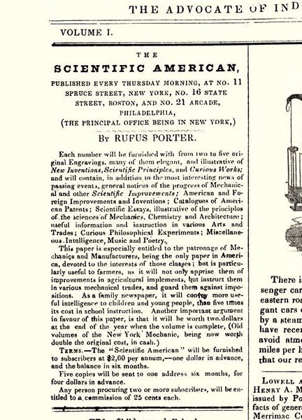 Inset describing Rufus Porter’s vision for his new journal, Scientific American, volume 1, issue 1, page 1, Aug. 28, 1845 (Wikimedia commons)