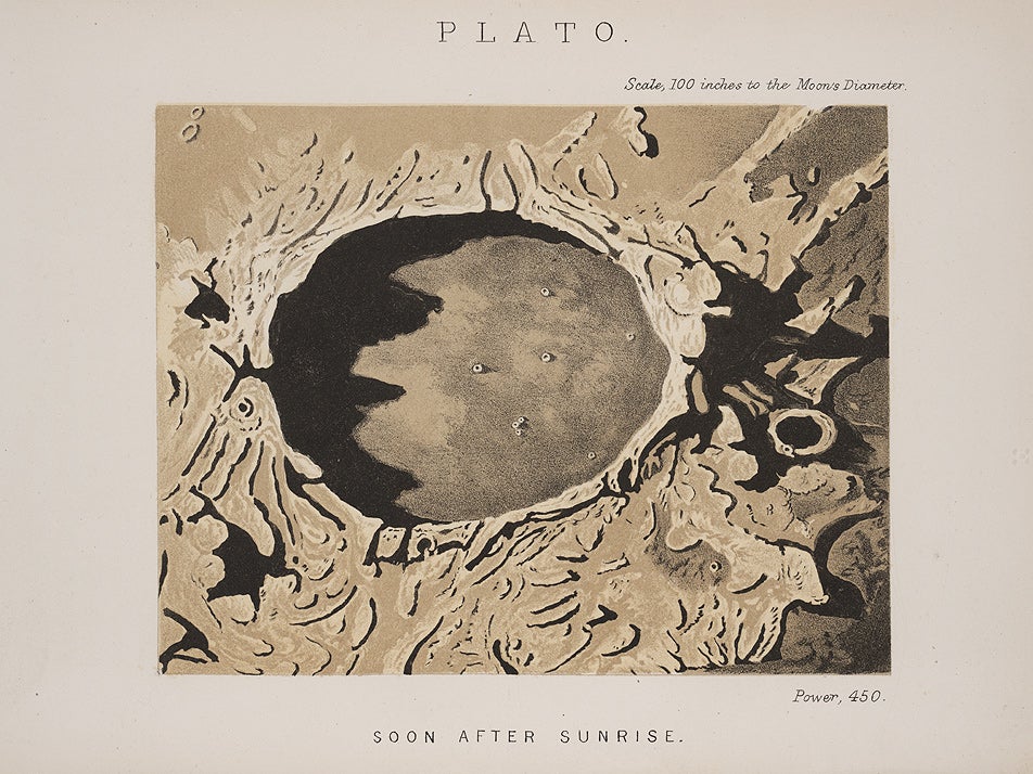 Plato at sunrise is reproduced here. Plato was one of many lunar features that was suspected of change in the nineteenth century, and the crater floor had been the subject of a special study by W.R. Birt several years earlier. 