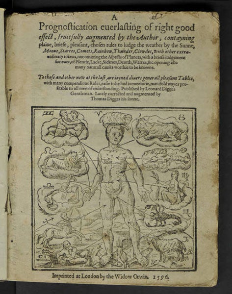 Title page with woodcut vignette, Leonard Digges, <i>A Prognostication everlasting of right good effect</i>, rev. and ed. by Thomas Digges, 2nd ed., 1596 (Linda Hall Library)