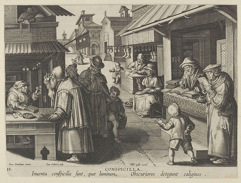 “Eyeglasses,” plate 15 of Nova Reperta, designed by Jan Van der Straet, engraved by Philip Galle, ca 1600 (Metropolitan Museum of Art)