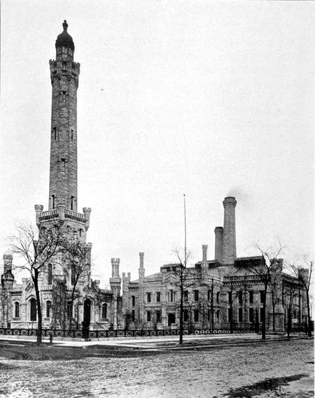 Chicago Water Tower and pumping station. Image source: Ericson, John Ernst. Report on the Water Supply System of Chicago: Its Past, Present and Future. Chicago, 1905, p. 7.
