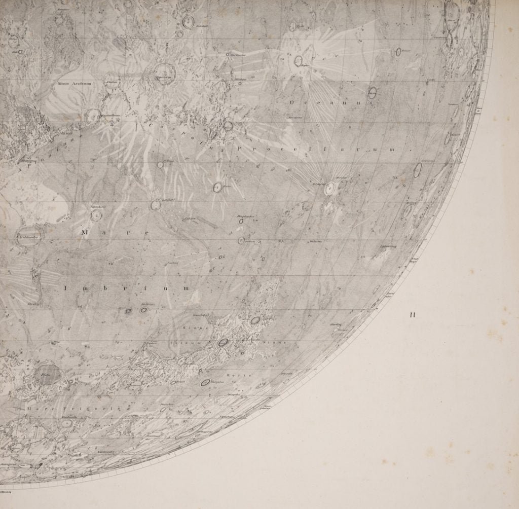 The southwest quadrant of Beer’s and Mädler’s map. A notable feature is the mare, Oceanus Procellarum (Ocean of Storms). Image source: Beer, Wilhelm, and Johann Heinrich Mädler. Mappa selenographica (Map of the Moon). Berlin: apud Simon Schropp & Soc., 1834. View Source