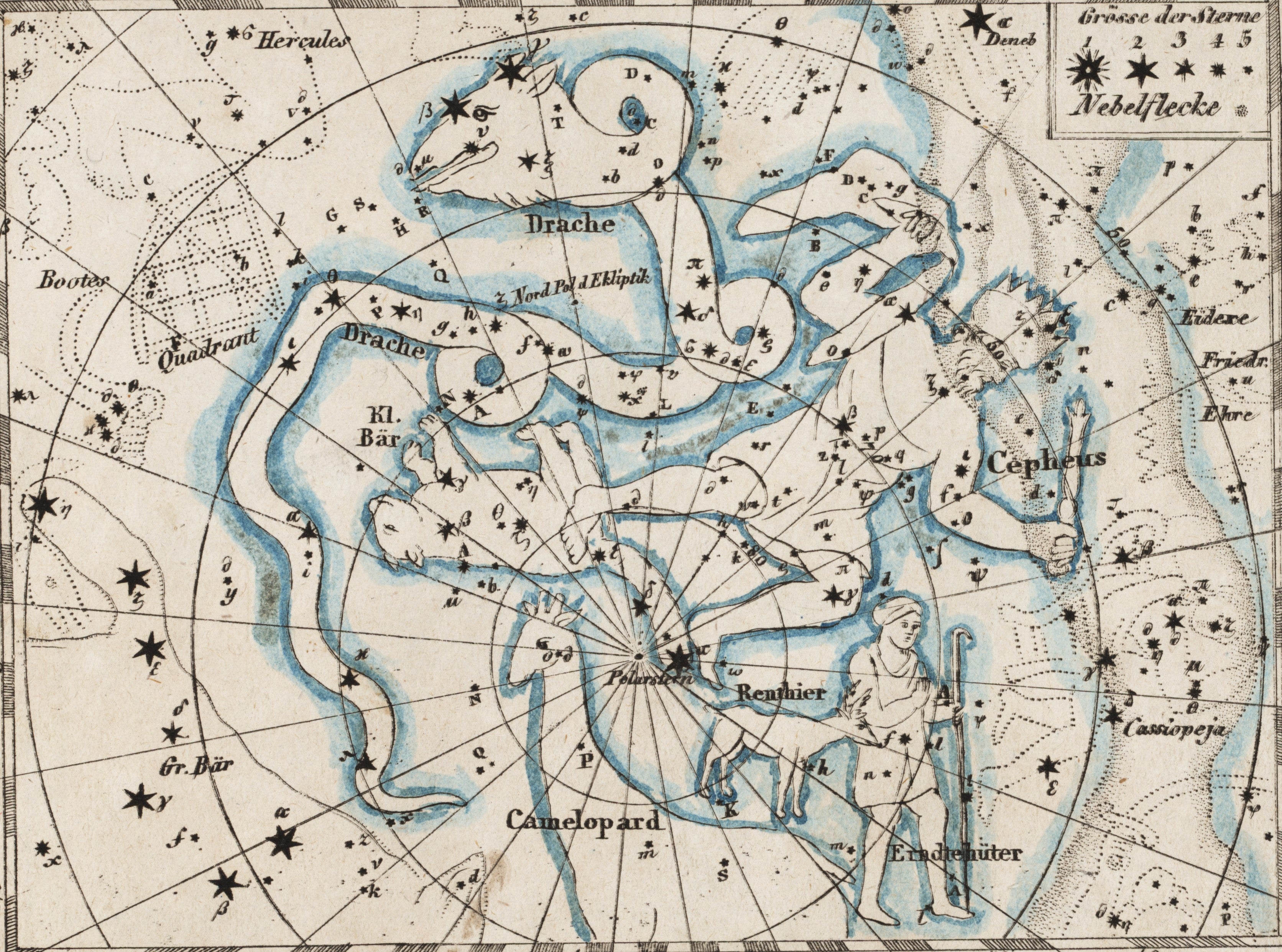 Ursa Minor, Draco, Camelopardalis, and Cepheus. Image source: Riedig, C. G. Himmels-Atlas in 20 Blättern nach den grossen Bodenschen Sternkarten. Leipzig: Schreibers Erben, 1849, pl. 3.