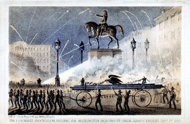 Firemen participating in the New York City parade celebrating the completion of the first Atlantic Cable, Sep. 1, 1858, Manual of the Corporation of the City of New York, with lithographs by Sarony, Major & Knapp, [1861], reproduced on atlantic-cable.com (atlantic-cable.com)