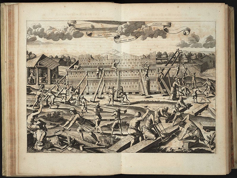Building the Ark, two-page engraving in Arca Noë, by Athanasius Kircher, foll. p. 28, 1675, copy 2 (Linda Hall Library)