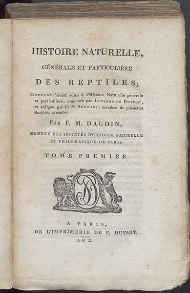 Title page, François Daudin, Histoire naturelle ... des reptiles, vol. 1, 1802 (Linda Hall Library)
