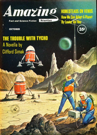Front cover, Amazing Stories, Oct. 1960 issue, illustrating the novella, “The trouble with Tycho,” by Clifford D. Simak (Wikimedia commons)