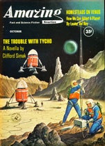 Front cover, Amazing Stories, Oct. 1960 issue, illustrating the novella, “The trouble with Tycho,” by Clifford D. Simak (Wikimedia commons)