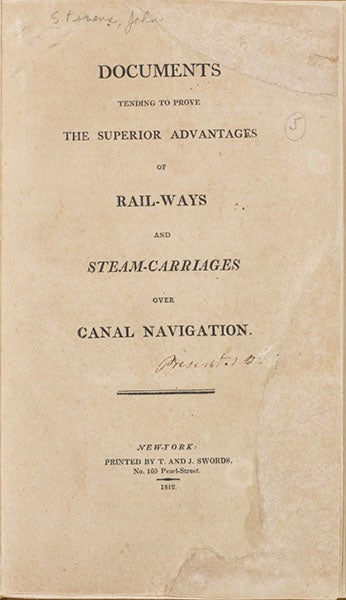 Title page, Documents Tending to prove the Superior Advantages of Rail-ways and Steam Carriages Over Canal Navigation, by John Sevens III, 1812, Rutgers University Libraries (rucore.libraries.rutgers.edu)
