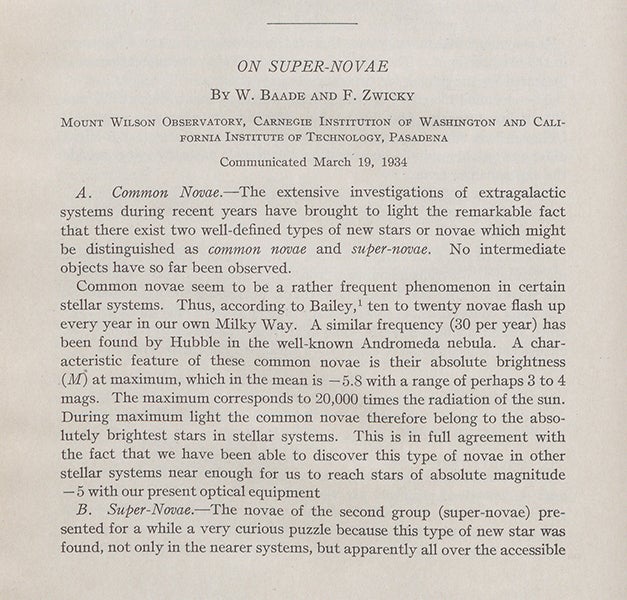 Detail of the first page of an article by Walter Baade and Fritz Zwicky, Proceedings of the National Academy of Sciences, vol. 20, 1934 (Linda Hall Library)