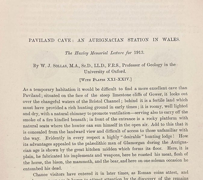 First paragraph of “Paviland Cave: An Aurignacian station in Wales,” by William J. Sollas, Journal of the Royal Anthropological Institute, vol. 43, p. 325, 1913 (Linda Hall Library)