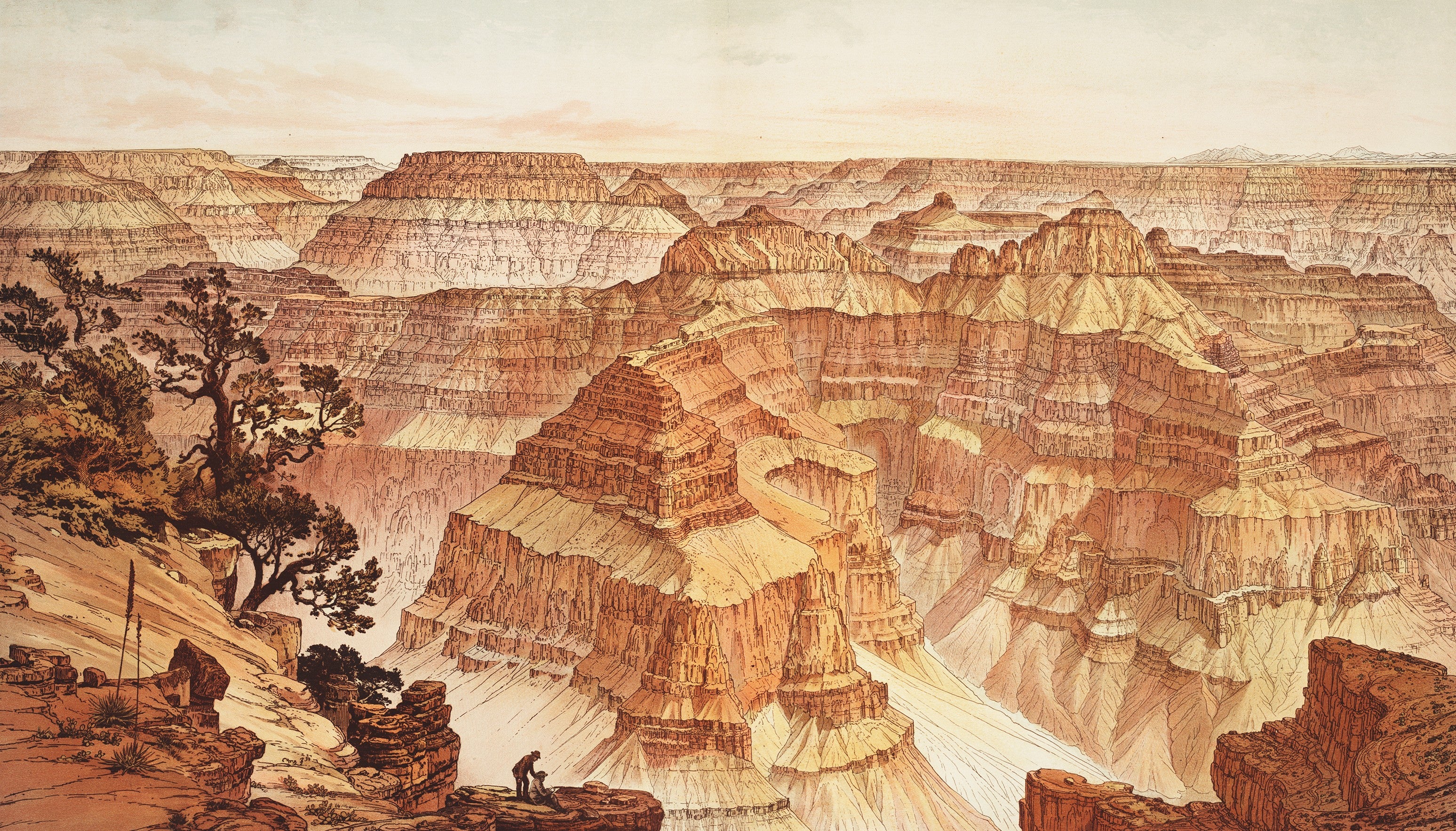 “View from Point Sublime, Looking East,” chromolithograph after drawing by William Henry Holmes, in Tertiary History of the Grand Cañon District, by Clarence Dutton, Atlas, pl. XV, 1882.