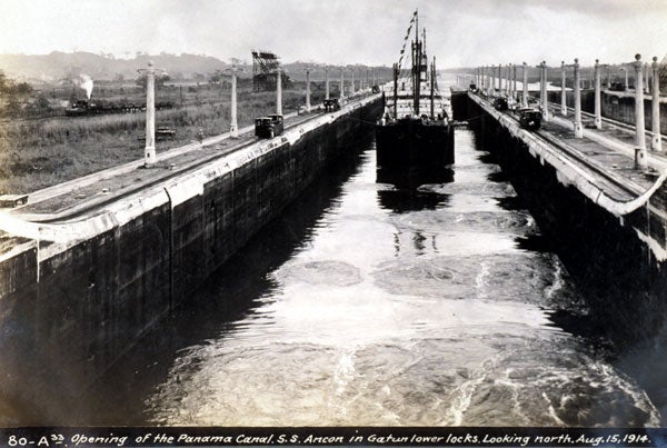 Official opening of the Panama with the S.S. Ancon. Image source: Nichols, Aurin Bugbee, and Tirzah Lamson Nichols. Panama Canal Collection, 1846-1923 (bulk 1906-1914). Photograph Album 3, p. [105].