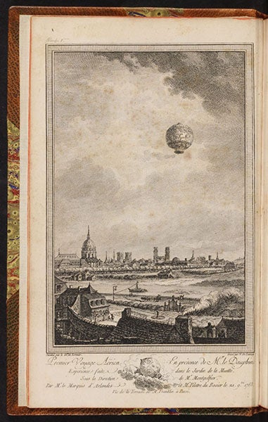First free ascent of a manned hot-air Montgolfier balloon, Nov. 21, 1783, with Pilâtre de Rozier and François d’Arlandes on board, engraved frontispiece, in Description des expériences de la machine aérostatique de MM. de Montgolfier, by Barthélemy Faujas-de-Saint-Fond, vol. 2, 1783-84 (Linda Hall Library)