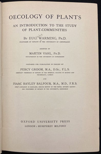 Title page, Oecology of Plants: An Introduction to the Study of Plant-Communities, by Eugenius Warming, 1909 (1925) (Linda Hall Library)