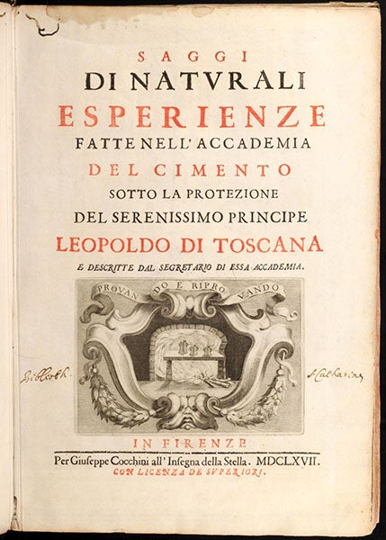 Title page, with engraved vignette, Saggi di naturali esperienze, [by Lorenzo Magalotti], 1667 (Linda Hall Library)