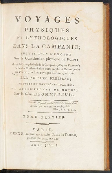 Title page, Voyages physiques et lythologiques dans la Campanie, by Scipione Beislak, vol 1, 1801 (The Linda Hall)