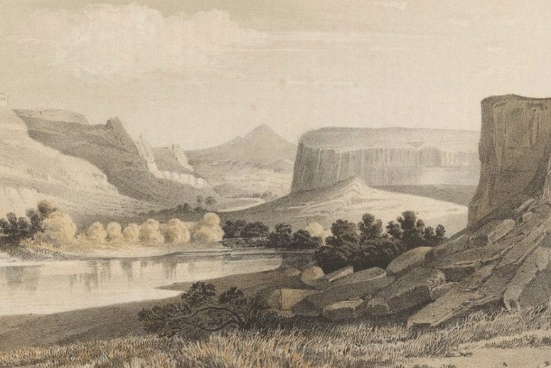 Head of the first canyon of Grand River, detail of a tinted lithograph by John Mix Stanley after a sketch by Richard Kern, in Report of Explorations … by Capt. J.W. Gunnison, by Edward Beckwith,1855 (Linda Hall Library)
