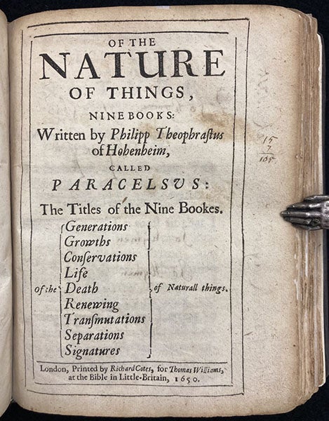 Separate title page, On the Nature of Things, by Phillip Theophasus of Hohenheim, called Paracelsus, 1650 (Linda Hall Library)