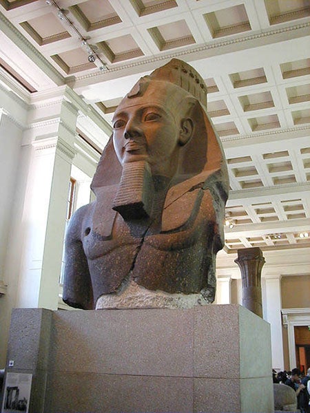 The Younger Memnon, a colossal syenite bust of Ramesses II, obtained for the British Museum in 1816 by Heny Salt but not put in place until 1821, modem photograph, British Museum, London, item EA 19 (Wikimedia commons)