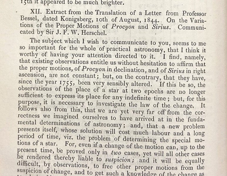 First paragraph, “On the variation of the proper motion of Procyon and Sirius,” by Friedrich Wilhelm Bessel, Monthly Notices of the Royal Astronomical Society, vol. 6, p. 136, 1844 (Linda Hall Library)