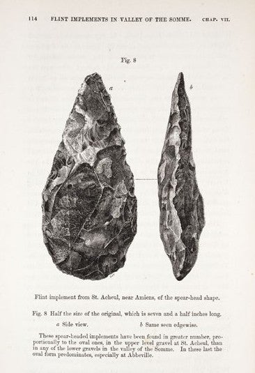 Flint from St. Acheul. Image source: Lyell, Charles. The Geological Evidences of the Antiquity of Man. London: J. Murray, 1863, p. 114.