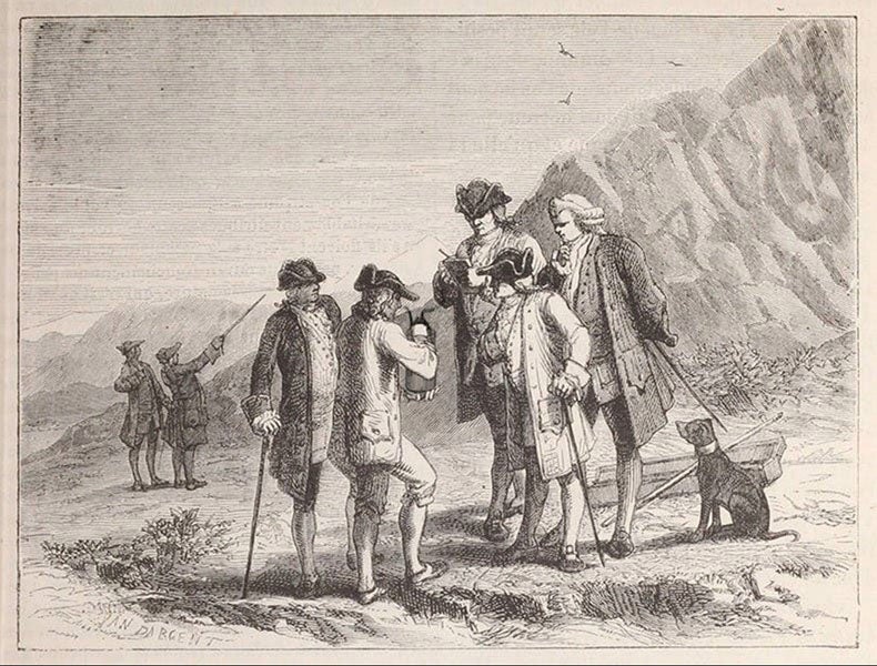 Daniell Erg about to carry his Daniell cell to the summit of Mt. Snowdon, to see if it would gain charge, July 7, 1843; wood engraving in Louis Figuier, Les merveilles de la science, vol. 1, 1867 (Linda Hall Library)