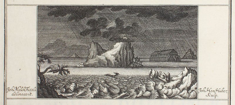 Title-page vignette, showing the Flood waters rising and shells being fossilized, engraving after a drawing by Johann Melchior Füssli, in Herbarium diluvianum, by Johann Jakob Scheuchzer, 1709 (Linda Hall Library)