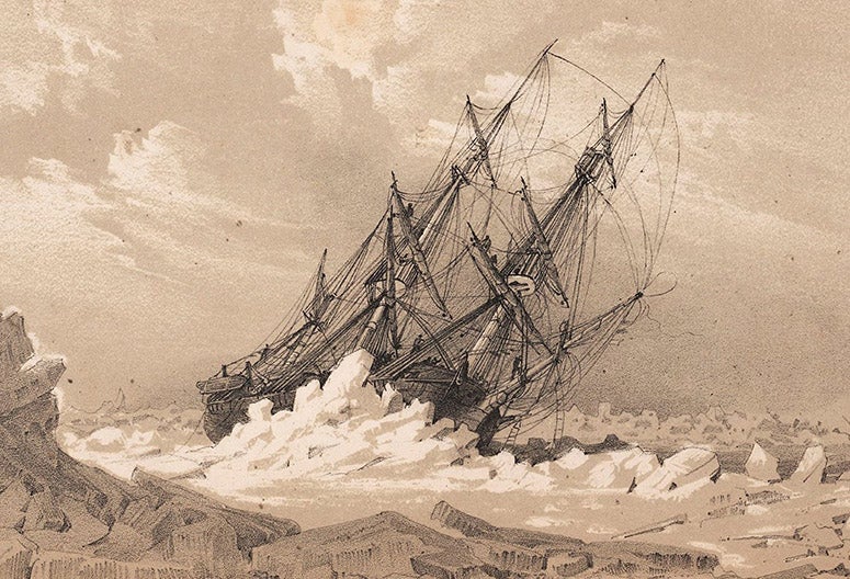 “H.M.S. Terror nipped in the ice in Fox’s Channel, detail of a lithograph based on a drawing by William Smyth, in Narrative of an Expedition in H.M.S. Terror … in the years 1836-7, by George Back, 1838 (Linda Hall Library)