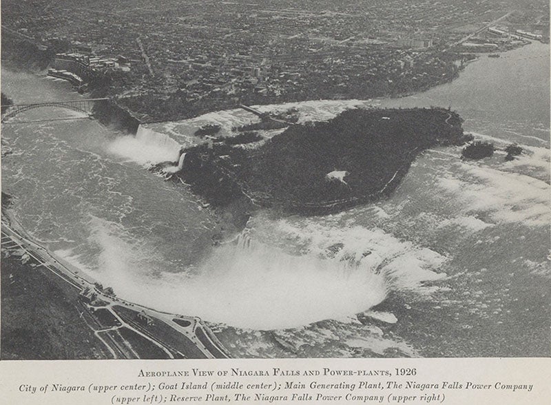Aerial view of Niagara Falls; the first Adams power plant was at upper right, photograph frontispiece, in Edward Dean Adams, <i>Niagara Power</i>, vol. 2, 1927 (Linda Hall Library)