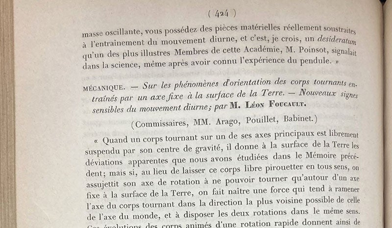 First paragraph, "Mécanique: Sur les phénomènes d'orientation des corps tournants entraînés par un axe fixe à la surface de la Terre. Nouveaux signes sensibles du mouvement diurne," by Léon Foucault, Comptes rendus hebdomadaires des séances de l'Académie des Sciences, 1852, vol. 35, p. 424 (Linda Hall Library)