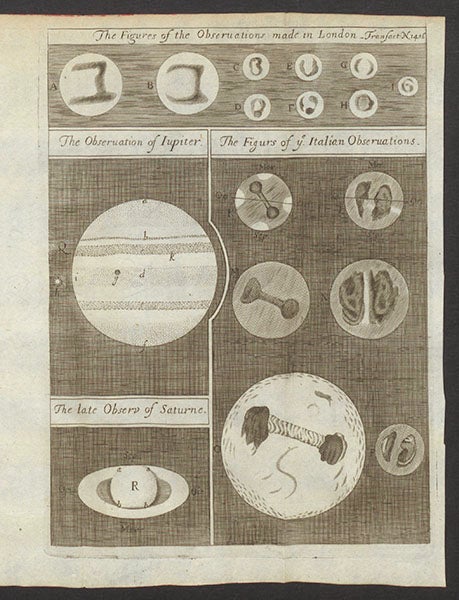 Markings on the surface of Mars, observed by Giovanni Domenico Cassini in 1665, on the right of this engraving (“ye Italian”), which also shows observations of Mars, Jupiter, and Saturn, by Robert Hooke, Philosophical Transactions of the Royal Society of London, vol. 1, no. 14, 1666 (Linda Hall Library)